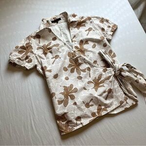 FOLDED & HUNG ivory brown tropical floral short puff sleeve wrap blouse top